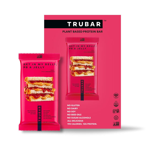 The TRUBAR Vegan Gluten Free Protein Bar Get In My Belly Pb & Jelly 12ct features packaging with a sandwich image and highlights plant-based, healthy treats: no gluten, dairy, soy, or seed oils; 190 calories; and 12g protein.